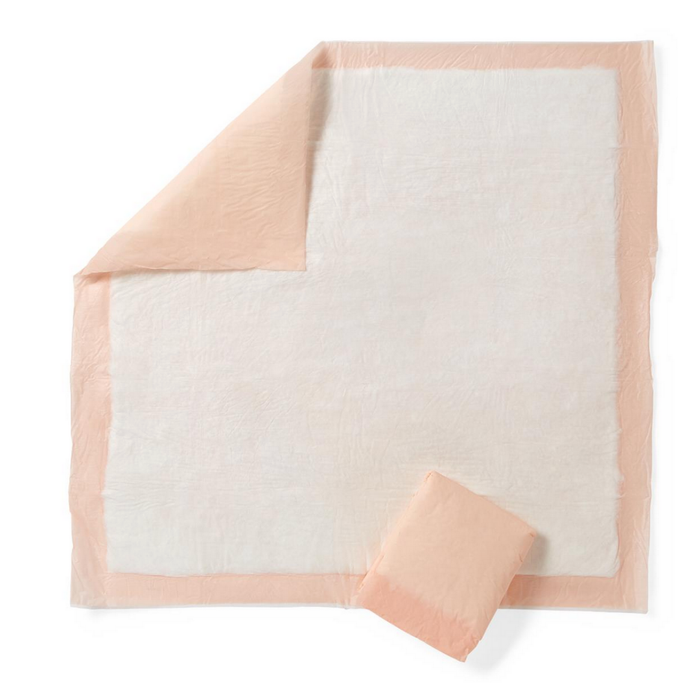 A large, square Medline FitRight Underpad with a peach border and white center is shown flat with one corner folded back, next to a matching folded pad. Known for high absorbency and disposable convenience.