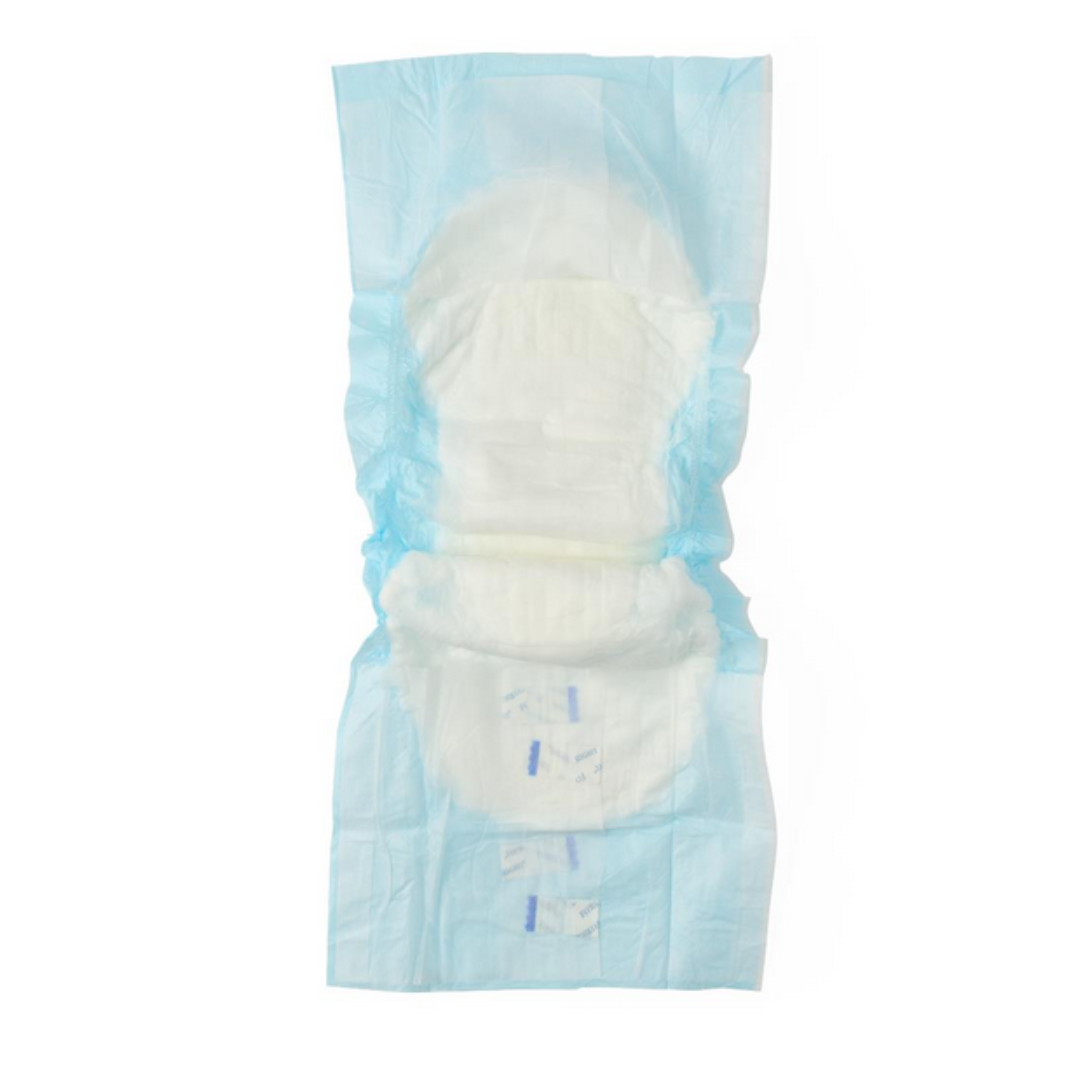 The FitRight Unisex Extra Incontinence Briefs offer moderate absorbency with a light blue outer layer, odor control, gathered elastic edges, adhesive tabs for secure fastening, white padding, and feature a wetness indicator.