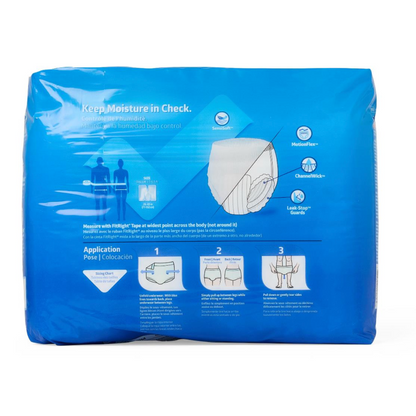 The image displays the packaging for FitRight Unisex Ultra Adult Pull-Up Underwear with a blue background, featuring size details, moderate absorbency, moisture control, and application instructions. The frontal view shows the product and usage guidance.