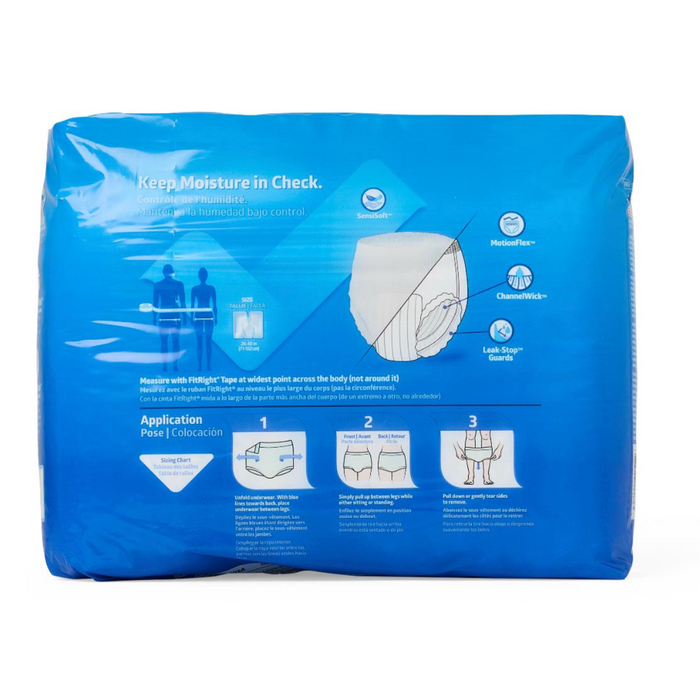 The image displays the packaging for FitRight Unisex Ultra Adult Pull-Up Underwear with a blue background, featuring size details, moderate absorbency, moisture control, and application instructions. The frontal view shows the product and usage guidance.