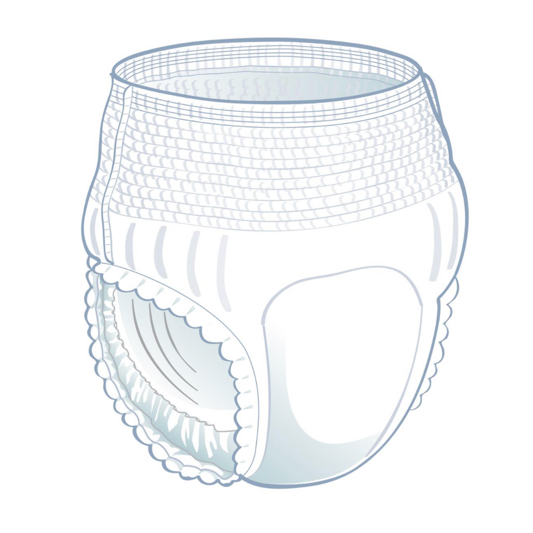 Illustration of the FitRight Unisex Super Adult Incontinence Underwear, featuring a stretchy waistband and leg cuffs for a snug fit. It includes an ultra-soft, super absorbent core with anti-leak guards for comfort and reliable containment. Suitable for heavy absorbency needs.