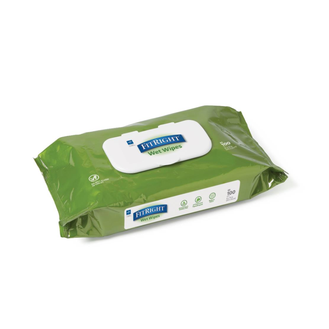 A green package of FitRight Aloe Scented Wet Wipes with a white flip-top lid, containing 100 wipes. The packaging highlights moisturizing, pH-balanced features for incontinence care.