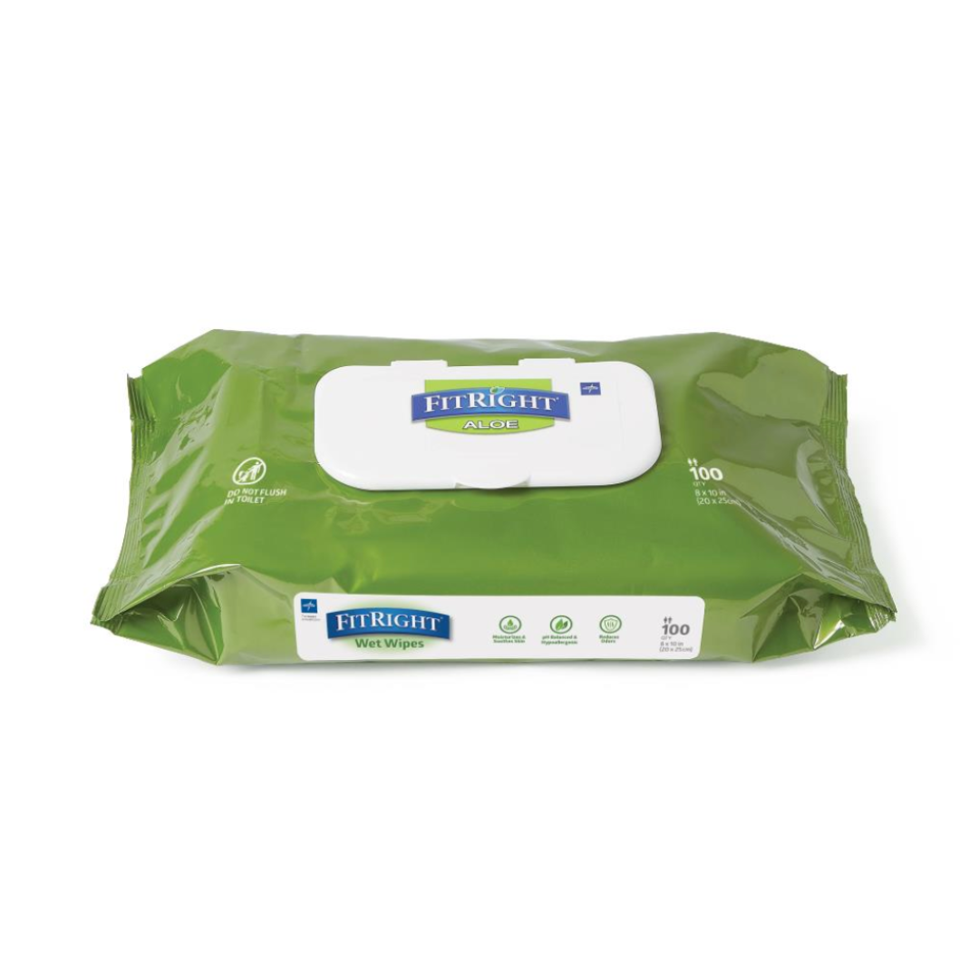 A green package of FitRight Aloe Scented Wet Wipes with a white flip top lid, containing 100 disposable incontinence wipes.