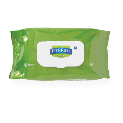 A green package of FitRight Aloe Scented Wet Wipes with a white flip-top lid contains 100 pH-balanced, hypoallergenic wipes labeled with the FitRight Aloe logo for gentle, effective cleansing.
