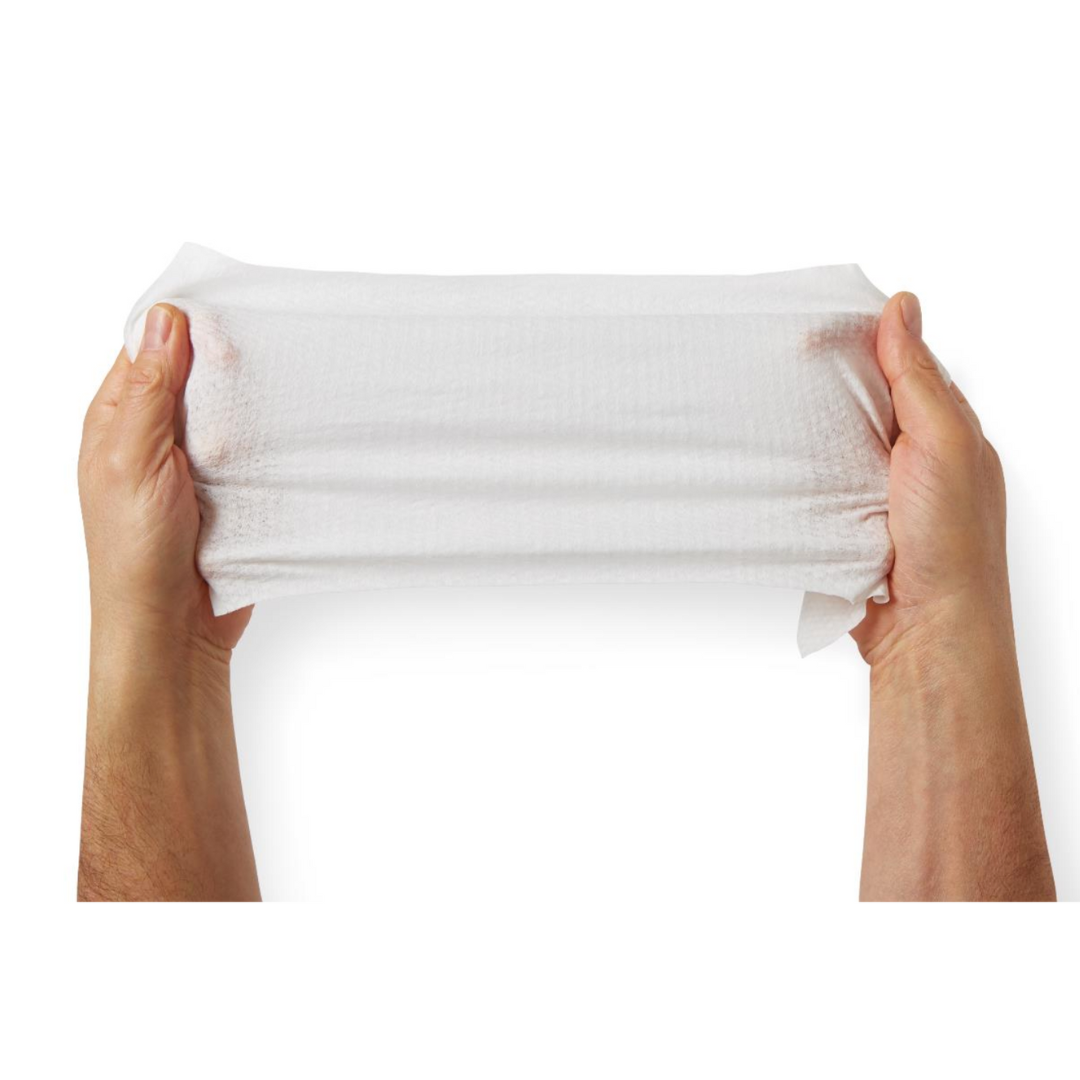 Two hands stretch a FitRight Aloe Scented Wet Wipe with Flip Top Lid horizontally against a plain white background.