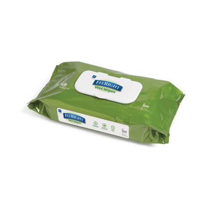 A pack of FitRight Aloe Scented Wet Wipes with a green wrapper, white flip-top lid, and blue-white label is shown on a white background. Each pack contains 100 disposable wipes.