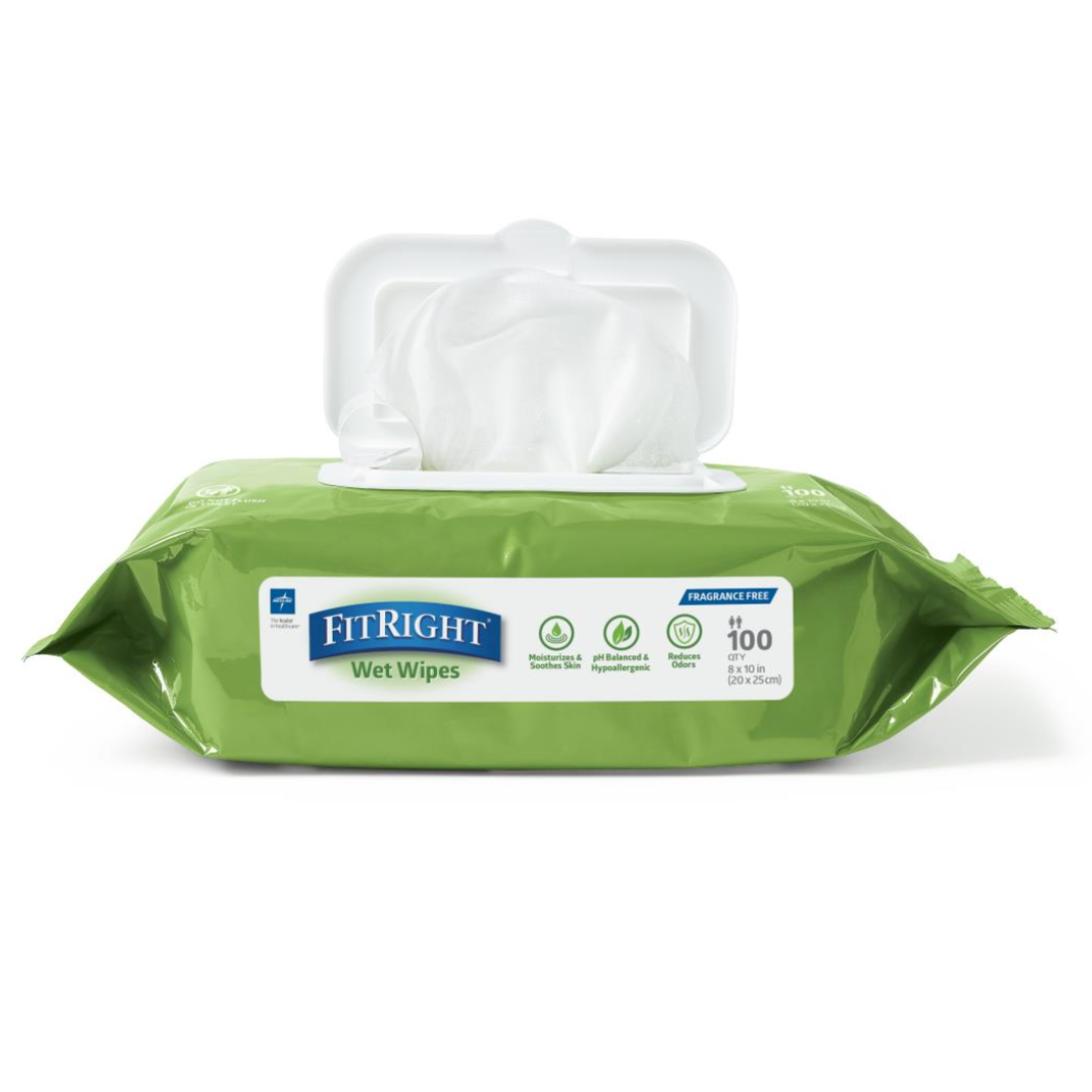 A green pack of FitRight Aloe Scented Wet Wipes with a flip top lid is open, displaying a white wipe. The label shows it contains 100 wipes.