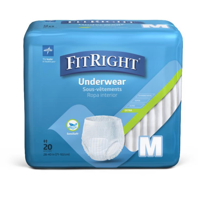 A 20-piece pack of FitRight Unisex Extra Adult Pull-Up Underwear in size M is suitable for waist sizes 28-40 inches. The blue packaging highlights features like SensiSoft material and maximum absorbency with odor control.