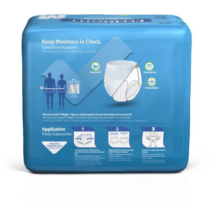 The FitRight Unisex Extra Adult Pull-Up Underwear showcases exceptional moisture and odor control with SenseSoft and ChamoisMax technology. Designed for maximum absorbency, it includes easy-to-follow instructions and comes in sleek blue packaging.