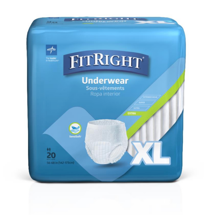 FitRight Unisex Extra Adult Pull-Up Underwear provides maximum absorbency and odor control. The blue-packaged briefs include 20 pieces labeled SensiSoft, fitting size 56-68 inches (142-173 cm), featuring a large XL and an image of a disposable brief.