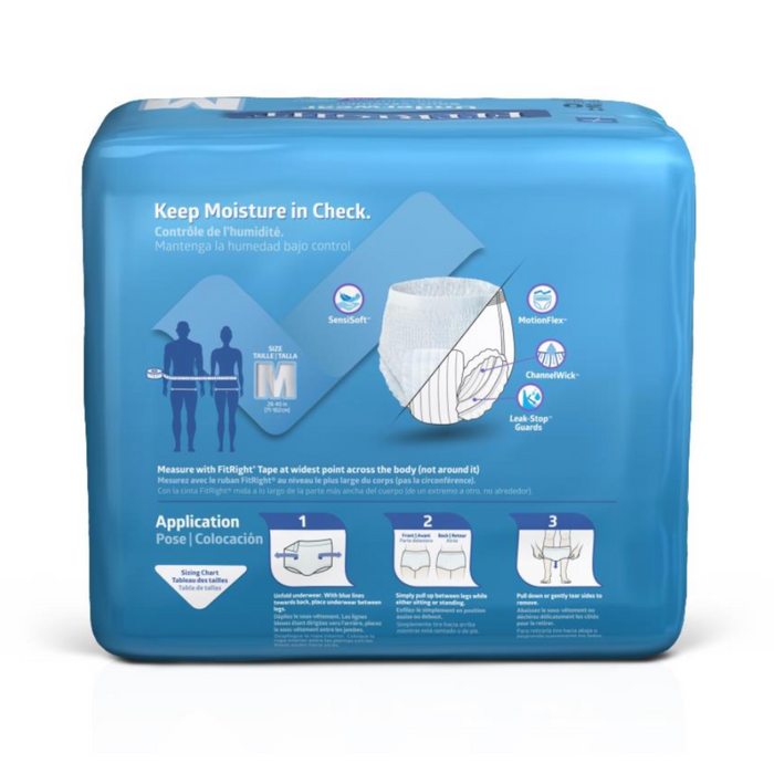 A blue package of FitRight Unisex Super Adult Incontinence Underwear in Size M features product highlights like SensiSoft, MoistureFlext, CleanWick, anti-leak guards, a super absorbent core for extra security, and three-step instructions at the bottom.