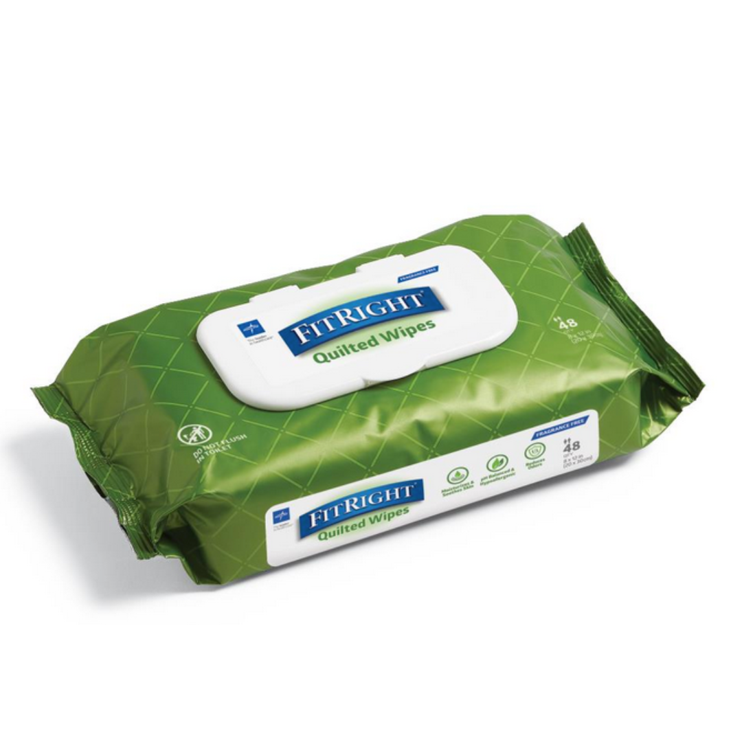 A green package of FitRight Aloe Quilted XL Personal Cleansing Wipes with a white flip lid features branding and icons for softness, fragrance-free formula, and gentle aloe—ideal wipes for sensitive skin and incontinence care.