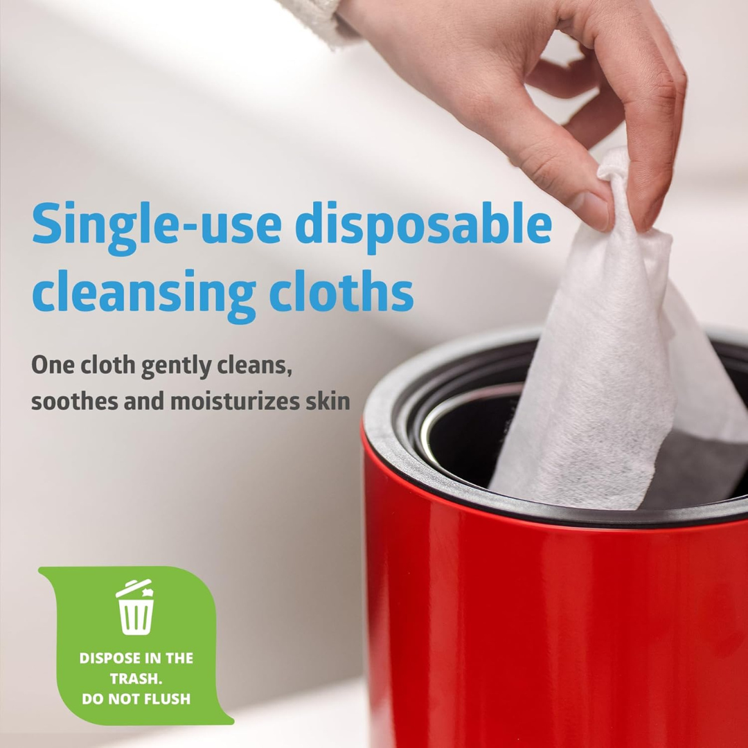 A hand pulls a FitRight Aloe Quilted XL Personal Cleansing Wipe from a red container. Text: Gentle, soothing incontinence care wipes moisturize sensitive skin. Single-use. Dispose of in trash—do not flush.