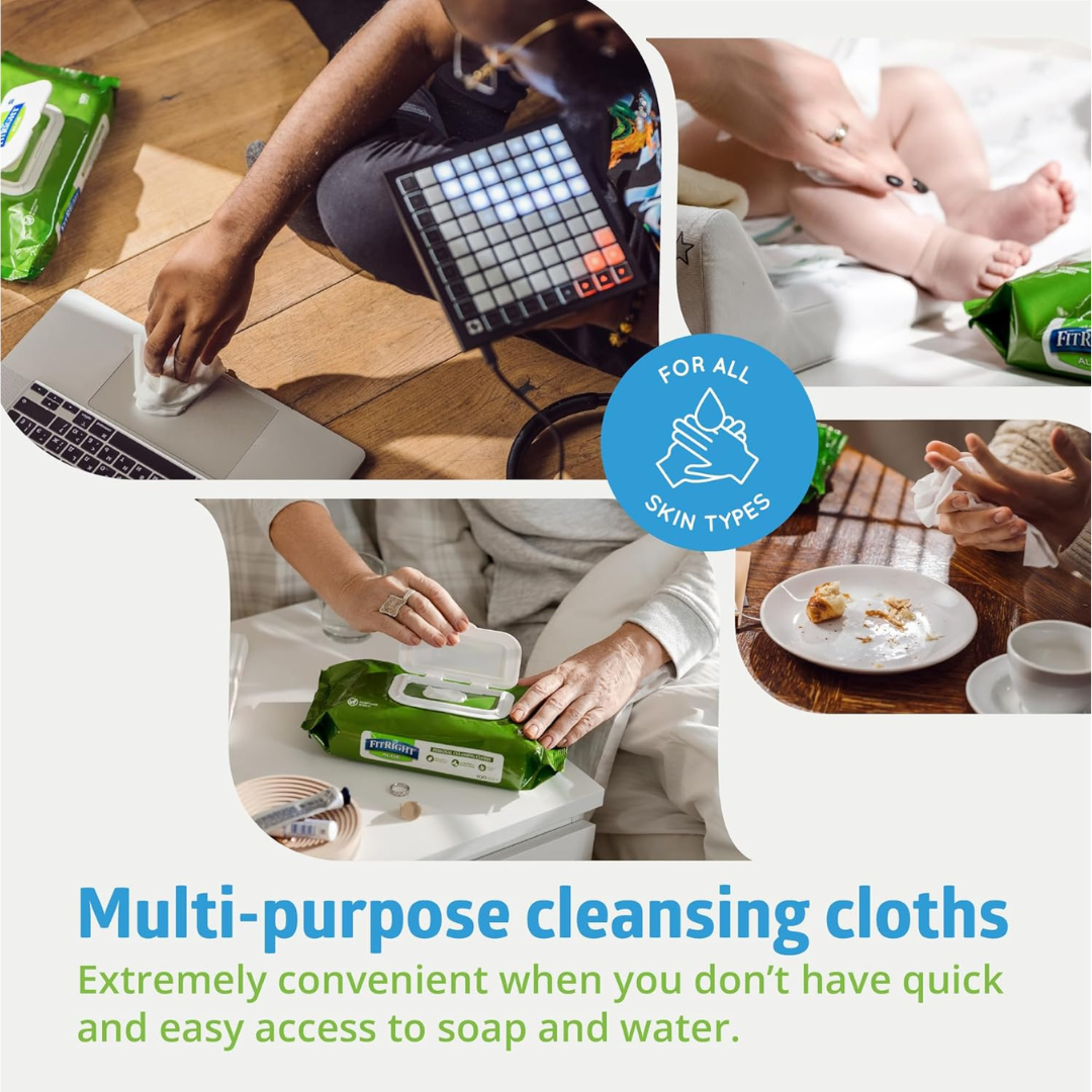 Collage shows people using FitRight Aloe Quilted XL Personal Cleansing Wipes to clean hands at a laptop, wipe a baby’s feet, remove makeup, and pick up crumbs—multi-purpose sensitive skin wipes for all skin types.