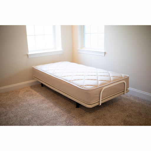 A Flexabed Value-Flex Adjustable Bed with a Premier Mattress rests on a basic metal frame in a carpeted room. Light walls and two windows with white trim let in natural light, crafting an inviting and cozy atmosphere.