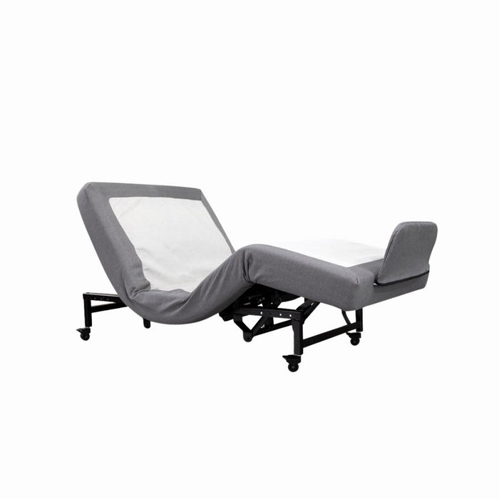 The Flexabed Hi-Low SL Adjustable Bed is upholstered in gray and offers personalized back support. It features an adjustable head and foot, sturdy black legs, and wheels, all set against a white background to accentuate its ergonomic design—a luxurious alternative to a hospital bed.