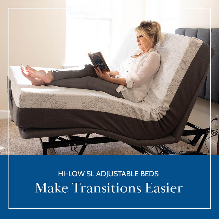 A woman relaxes on a Flexabed Hi-Low SL adjustable bed, reading a book with her legs extended comfortably. A blue banner below states, Flexabed Hi-Low SL Adjustable Bed: Luxury Alternative to a Hospital Bed - Make Transitions Easier.