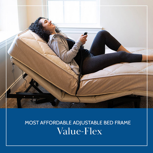 A person lounges on a Flexabed Value-Flex Adjustable Bed, smiling with a remote. The bed is tilted for personalized support and ultimate comfort. Text reads: Most Affordable Adjustable Bed Frame Value-Flex.