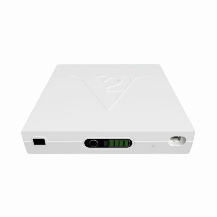 White square device with a V-shaped logo on top. Front view includes multiple ports: a rectangular port on the left, a central LED strip indicator, and a circular port on the right. Enhance your Flexabed with these add-ons and accessories.