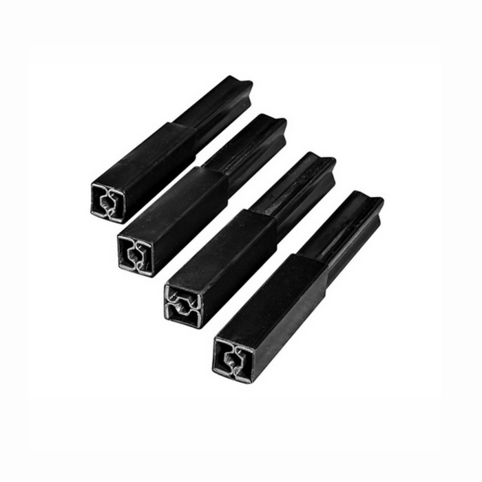 Four black plastic tube connectors, rectangular with inner cross-shaped metal reinforcements, are arranged diagonally. Ideal for modular assembly systems, they can enhance a Voice Activation System by linking components effortlessly. Product: Flexabed Add-Ons and Accessories - Enhance Your Flexabed.