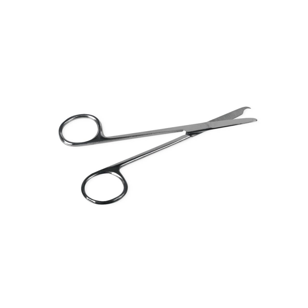 A pair of shiny Medline Floor Grade Littauer Stitch Scissors with angled blades and blunt tips rests on a white background.