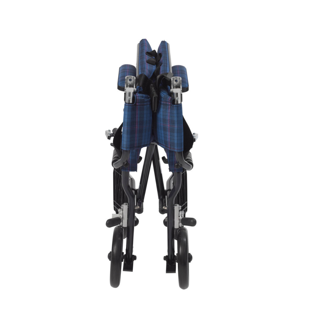 The Drive Fly-Lite Aluminum Transport Chair in blue plaid is displayed from the front, standing upright in its compact and portable folded position.