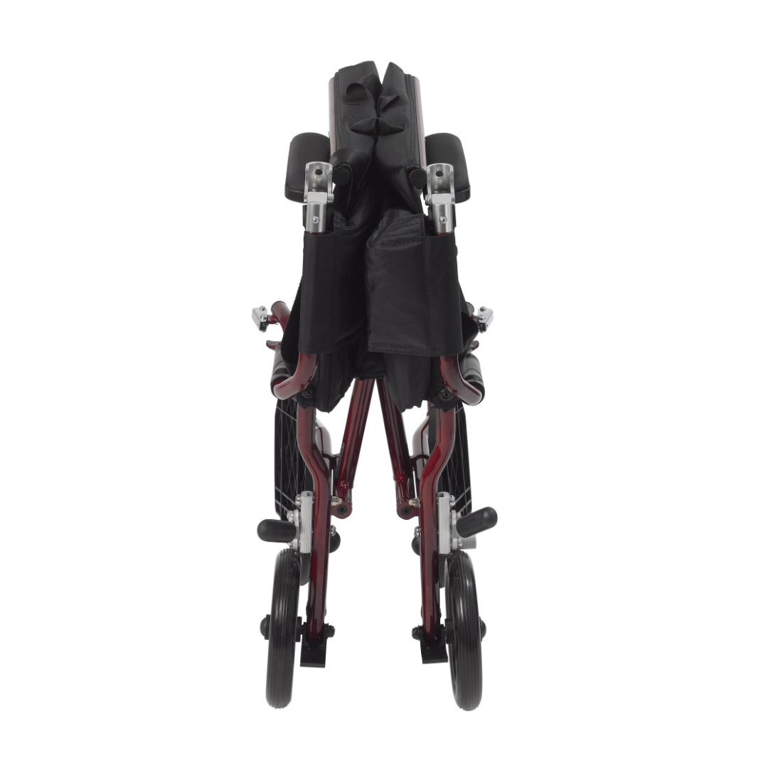 The Drive Fly-Lite Aluminum Transport Chair, shown folded with a maroon frame and black seat, displays its ultra-lightweight and compact design for easy transport or storage.