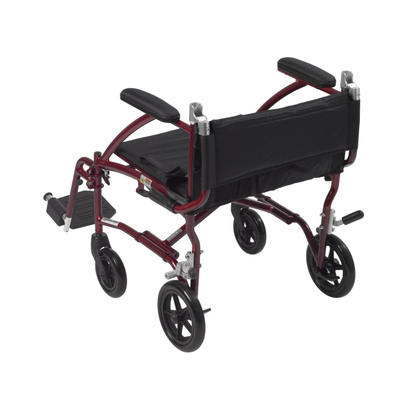 The Drive Fly-Lite Aluminum Transport Chair features a maroon metal frame, black seat and backrest, armrests, footrests, and four small black wheels, shown from a rear side angle.