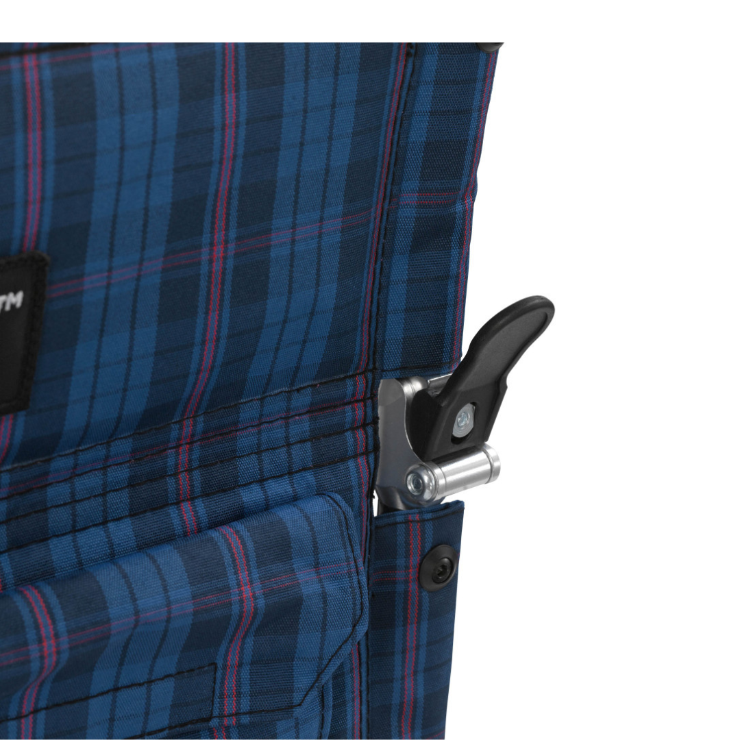 Close-up of blue plaid fabric on the Drive Fly-Lite Aluminum Transport Chair, highlighting a black metal latch attached to the side.