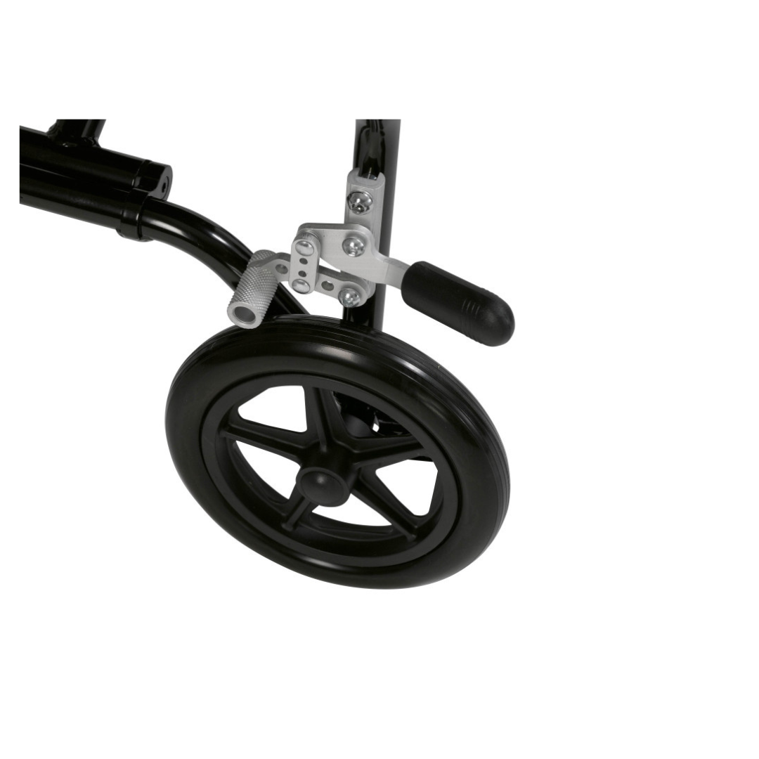 Close-up of the Drive Fly-Lite Aluminum Transport Chair’s black aluminum wheel with a metal brake lever over the tire, set against a white background.