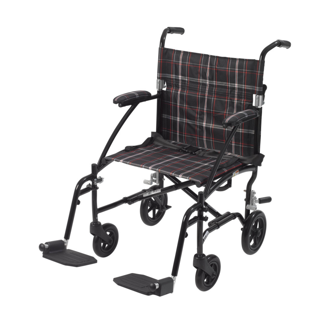 The Drive Fly-Lite Aluminum Transport Chair features a black frame, plaid fabric seat and backrest, armrests, four small wheels, and footrests—making it an ultra-lightweight, portable wheelchair ideal for travel and storage.