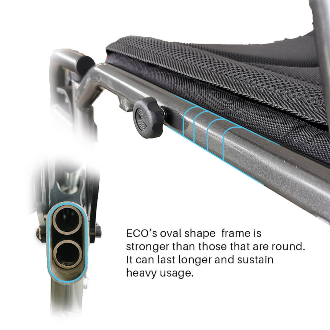 Close-up of the Foldawheel ECO Lightweight Folding Powerchair’s oval-shaped foldable frame shows it's stronger and more durable than a round tube, making it ideal for heavy use.
