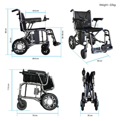 Four views of the Foldawheel ECO Lightweight Folding Powerchair are shown with labeled dimensions: height 89 cm, length 99.5 cm, seat width 43.2 cm, folded width 35 cm, and a total weight of only 22 kg.