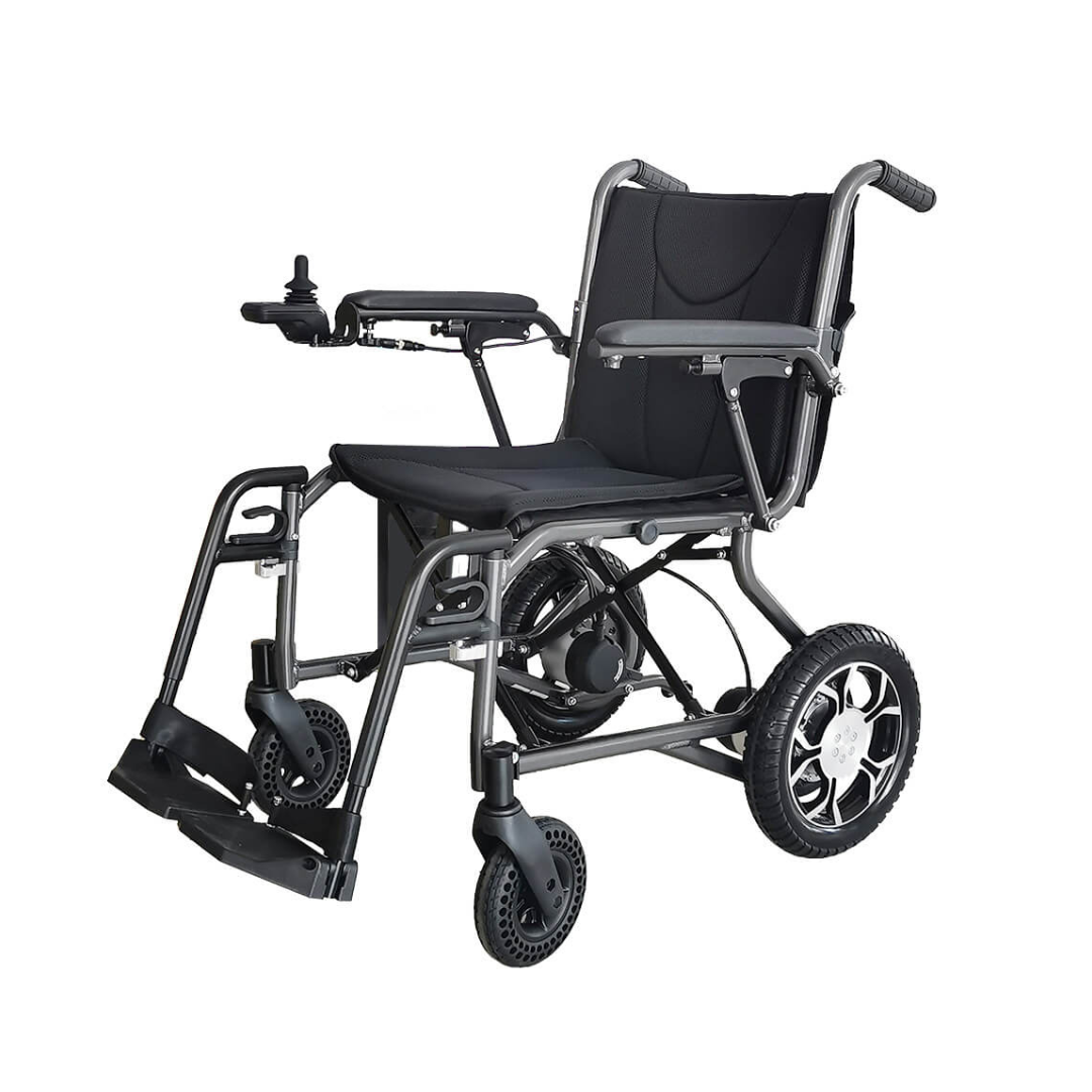 The Foldawheel ECO Lightweight Folding Powerchair features a black cushioned seat and backrest, armrest joystick controller, footrests, and four wheels—offering enhanced mobility and comfort for travel.