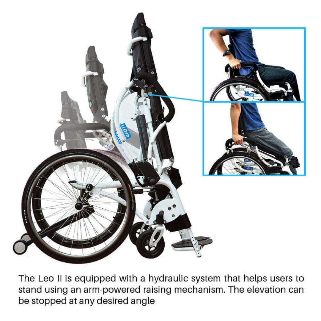 The Foldawheel Lloyd LEO Ultralite Standing Manual Wheelchair features a lightweight design and hydraulic system, enabling users to stand upright. Arm-powered controls allow manual operation, and stopping at various angles offers adjustable elevation.