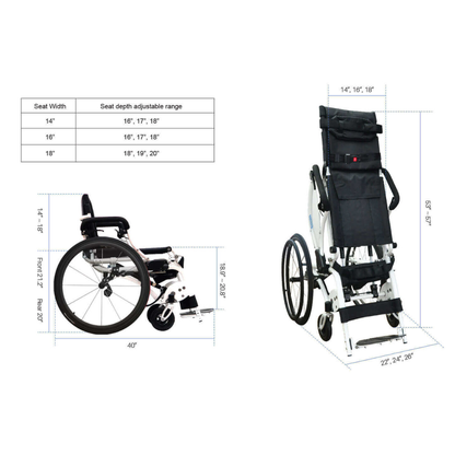 Side and front views of the Foldawheel Lloyd LEO Ultralite Standing Manual Wheelchair in black and white, with labeled measurements for seat width, depth range, overall height and length. A table lists seat width and depth adjustment options.