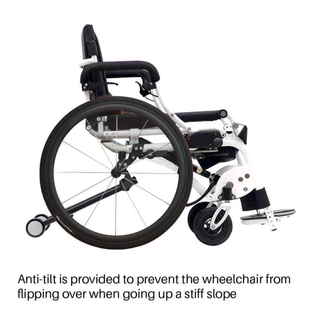 Side view of the Foldawheel Lloyd LEO Ultralite Standing Manual Wheelchair, featuring a small rear anti-tilt wheel to help prevent tipping on steep slopes. Text below describes how the anti-tilt feature works.