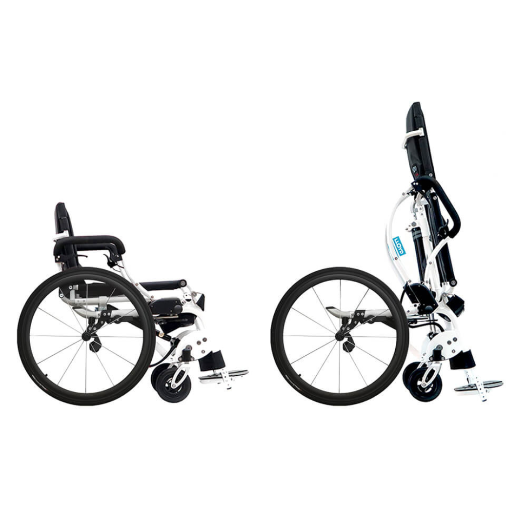 Side-by-side images show the Foldawheel Lloyd LEO Ultralite Standing Manual Wheelchair in white and black: one in standard sitting position, the other folded upright for compact storage or easy transport.