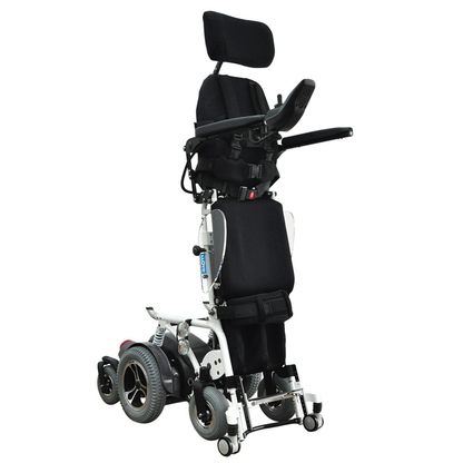 The Foldawheel Lloyd Draco Advanced Standing Power Wheelchair is a black and white electric chair with padded seat, headrest, armrests, footrests, multiple wheels, and a standing frame. Shown upright in a standing position.