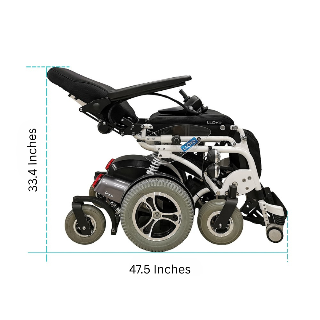 Side view of the Foldawheel Lloyd Draco Advanced Standing Power Wheelchair, folded in black and white, dimensions: 33.4" tall, 47.5" long. Features visible wheels and a sturdy frame in its compact electric mobility design.