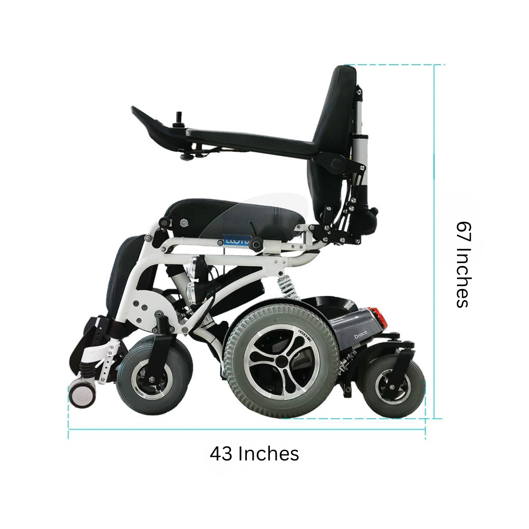 Side view of the Foldawheel Lloyd Draco Advanced Standing Power Wheelchair in black and white, featuring armrests. The mobility wheelchair measures 67 inches tall by 43 inches long, with visible seat and wheel details.
