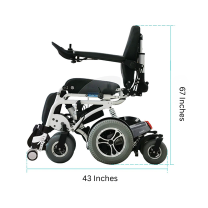 Side view of the Foldawheel Lloyd Draco Advanced Standing Power Wheelchair in black and white, featuring armrests. The mobility wheelchair measures 67 inches tall by 43 inches long, with visible seat and wheel details.