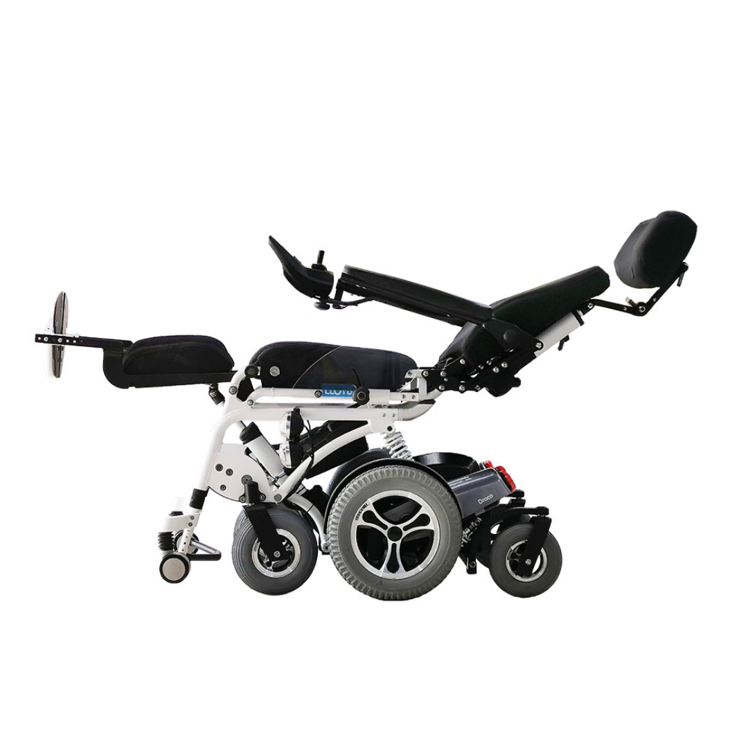 The Foldawheel Lloyd Draco Advanced Standing Power Wheelchair offers a modern reclining design with a black seat, adjustable headrest and leg supports, large rear wheels, and a sturdy white frame for superior comfort and mobility.