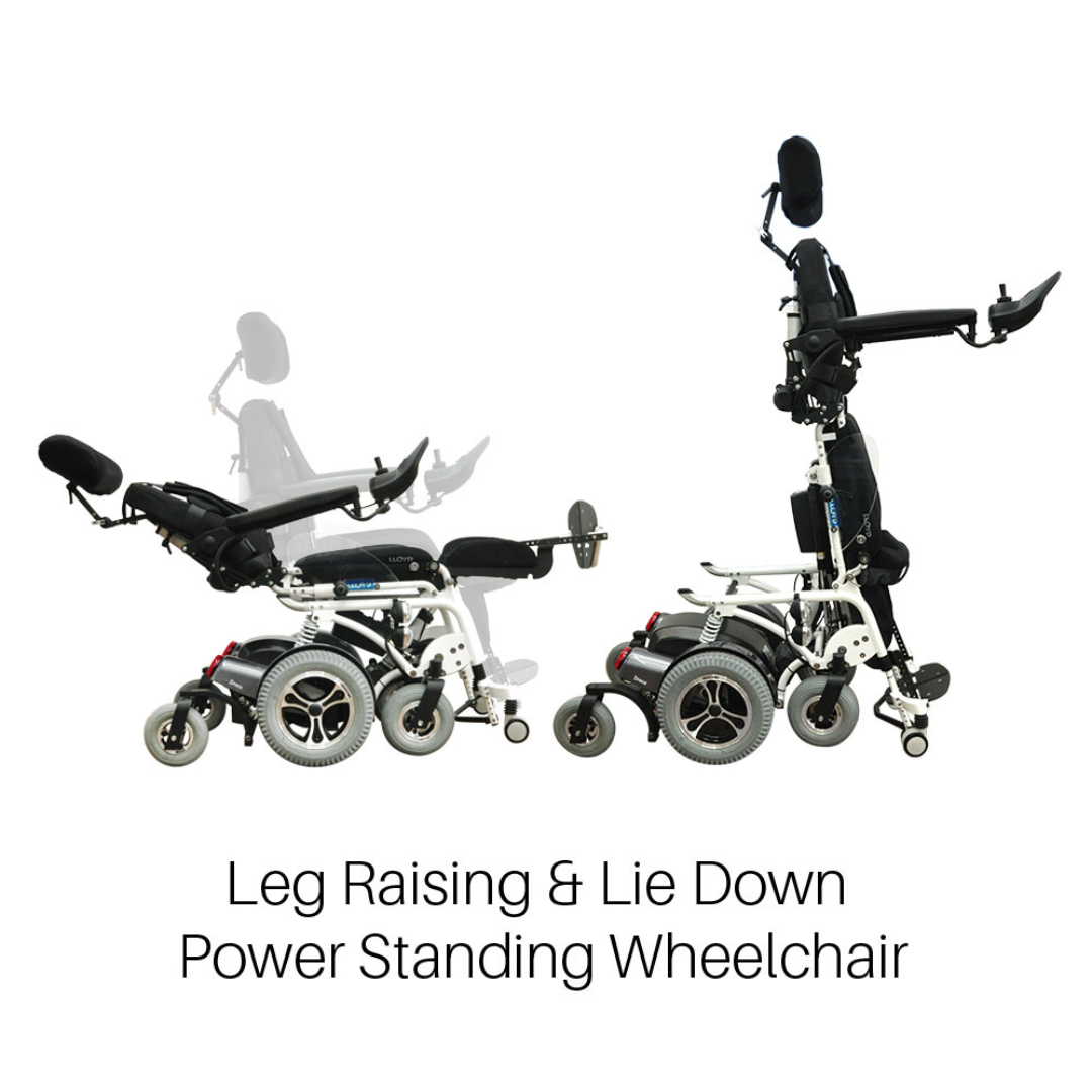 Two views of the Foldawheel Lloyd Draco Advanced Standing Power Wheelchair in white: one reclined with raised legs and one fully upright. Text below reads Leg Raising & Lie Down Power Standing Wheelchair.