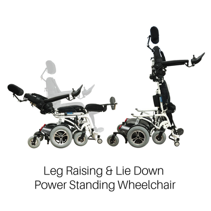 Two views of the Foldawheel Lloyd Draco Advanced Standing Power Wheelchair in white: one reclined with raised legs and one fully upright. Text below reads Leg Raising & Lie Down Power Standing Wheelchair.