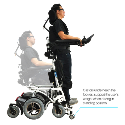 A man operates the Foldawheel Lloyd Draco Advanced Standing Power Wheelchair, transitioning from seated to standing; a label indicates castors under the footrest that support his weight when elevated.