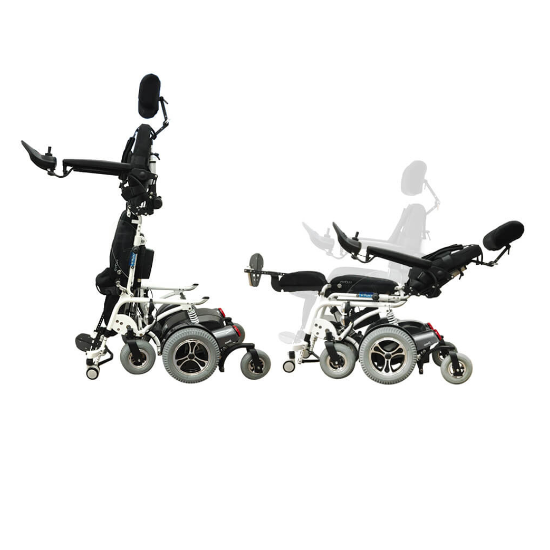 The Foldawheel Lloyd Draco Advanced Standing Power Wheelchair is shown upright for standing and reclined for lying back, demonstrating its adjustable and versatile electric functions.