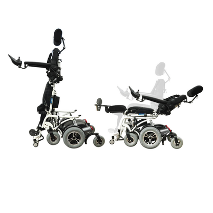 The Foldawheel Lloyd Draco Advanced Standing Power Wheelchair is shown upright for standing and reclined for lying back, demonstrating its adjustable and versatile electric functions.