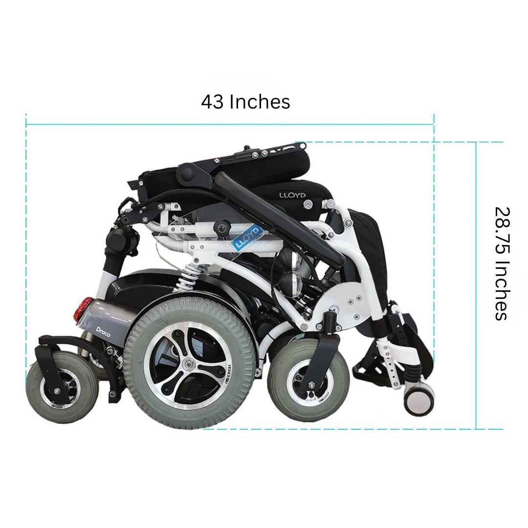 The Foldawheel Lloyd Draco Advanced Standing Power Wheelchair is shown folded, measuring 43" wide and 28.75" tall from the side to highlight its compact, portable design.