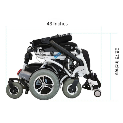 The Foldawheel Lloyd Draco Advanced Standing Power Wheelchair is shown folded, measuring 43" wide and 28.75" tall from the side to highlight its compact, portable design.